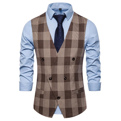 Plaid Waist Coat For Men Fashions Formal Double-breasted Business Wedding Prom  Coletes Masculino Mens Vest Fashion Suit