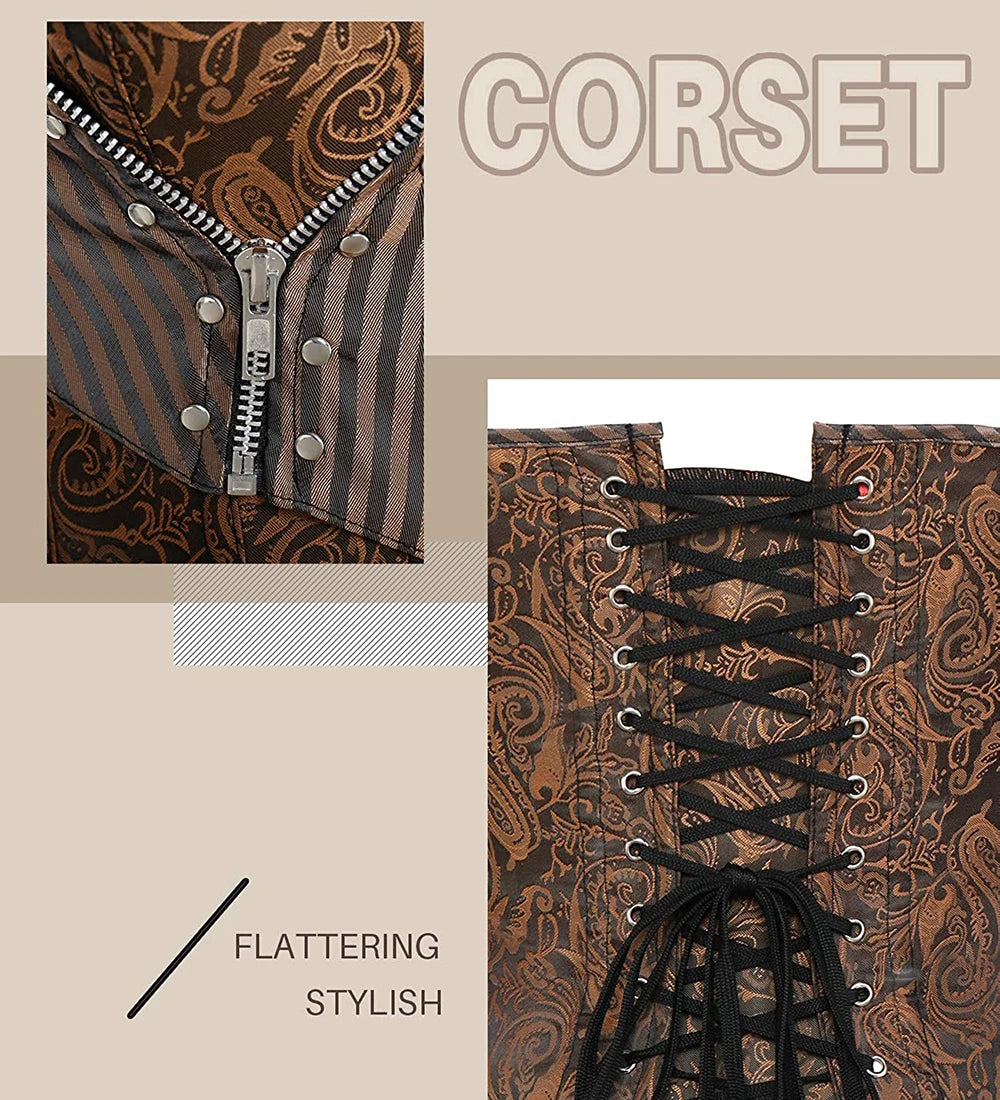 Sexy Corsets and bustiers Steampunk Corset Top Waist Tummy Gothic Clothing Corselet Brocade Zip Patchwork S-2XL