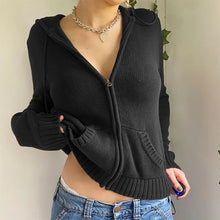 Women Autumn Hoodies Sweater Knit Long Sleeve Crop Top Solid Color Full Zipper