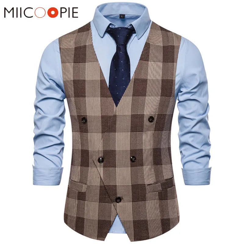 Plaid Waist Coat For Men Fashions Formal Double-breasted Business Wedding Prom  Coletes Masculino Mens Vest Fashion Suit