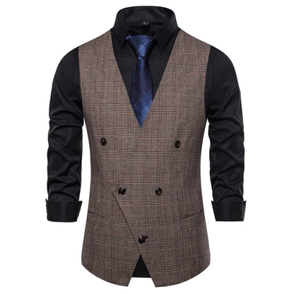 Plaid Waist Coat For Men Fashions Formal Double-breasted Business Wedding Prom  Coletes Masculino Mens Vest Fashion Suit