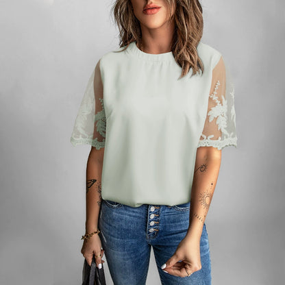 Lace Short Sleeve Tops Women Minimalist round Neck Pure Color Mesh Casual Chiffon Shirt Women