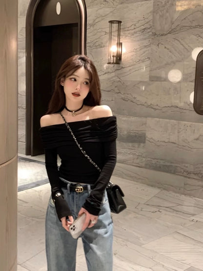 Black off-Shoulder Clavicle Early Autumn Long Sleeves T-shirt Top