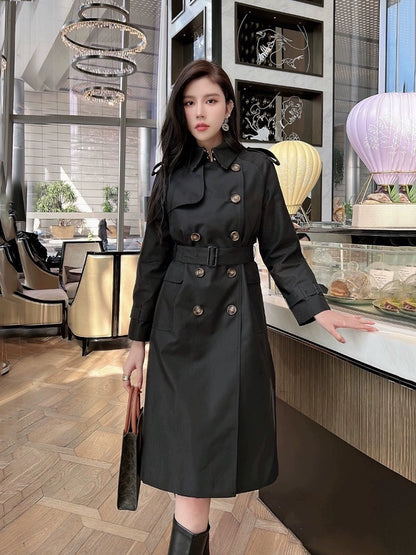 European Station Counter 2024 Spring and Autumn British Style Accessible Luxury Design Elegant Double Breasted Mid Length Long Length Trench Coat Women's Coat