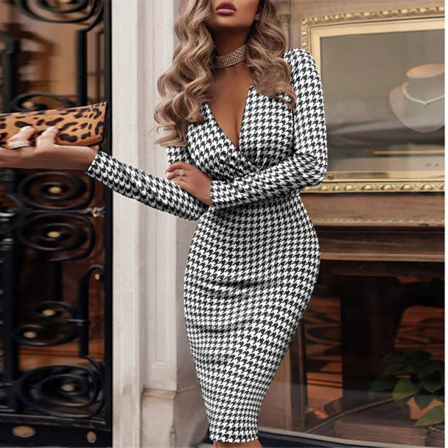 Deep V Sequin Long Sleeve Hip Dress Work Clothing Deep V Sequined Long Sleeve Narrow Long Dress for Women