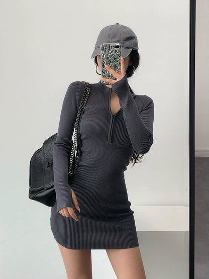 Knitted Long Sleeves Dress with Zipper Sexy Turtleneck