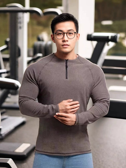 Winter American Style Workout Clothes Large round Neck Half Zipper Sports Long Sleeves T-shirt Men's Stretch Dralon Heattech Undershirt