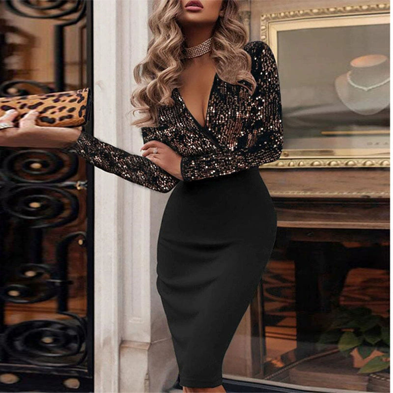 Deep V Sequin Long Sleeve Hip Dress Work Clothing Deep V Sequined Long Sleeve Narrow Long Dress for Women