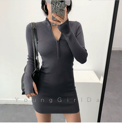 Knitted Long Sleeves Dress with Zipper Sexy Turtleneck