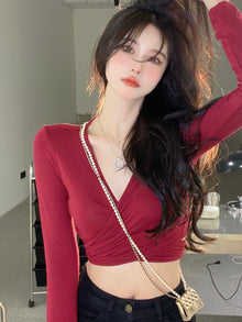 Cross V-neck Sexy Waist Trimming Slimming Lace up Bottoming Shirt