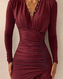 Ruched Coffee High Waist Slimming Long Sleeves Party Dress