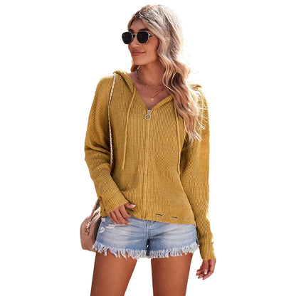 Fashion Thin Long Sleeves Knitwear Female Cardigan Solid Color and V-neck Black Zipper Hooded Jacket Female