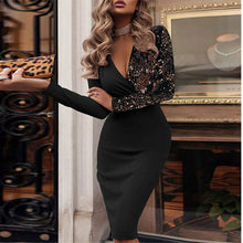 Deep V Sequin Long Sleeve Hip Dress Work Clothing Deep V Sequined Long Sleeve Narrow Long Dress for Women