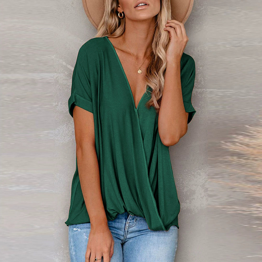 Summer New Arrival Pure Color Short-Sleeved T-shirt Female Fashion Loose Mid-Length Card V Neck Fashion Pullover T-shirt Tops