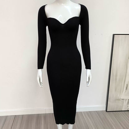 Sexy Pure Color Slim Party Dress Knitting Tube Top Elastic Mid Length Long Length Dress