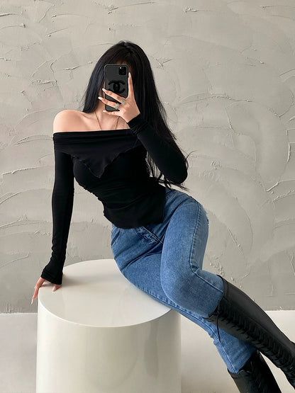 Cuffed off-Shoulder Slim Long Sleeve Top Bottoming T-shirt