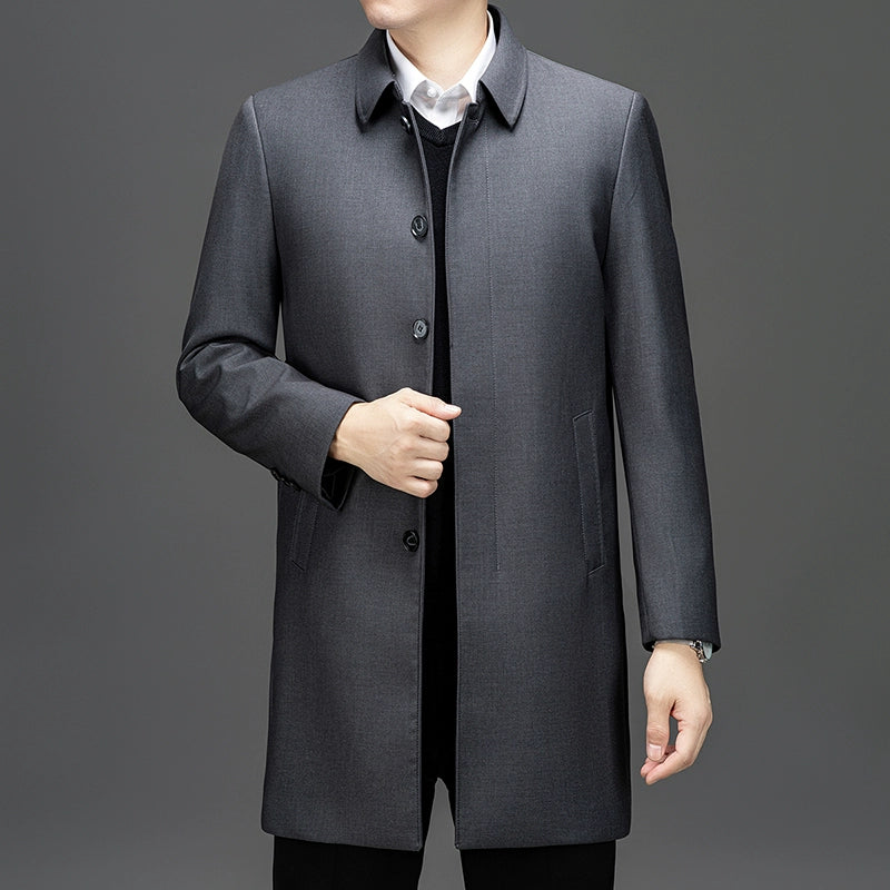 Mid Length Long Length Trench Coat Men's Winter Thickened Middle-Aged Loose Detachable down Feather Liner Dad Cadre Outwear