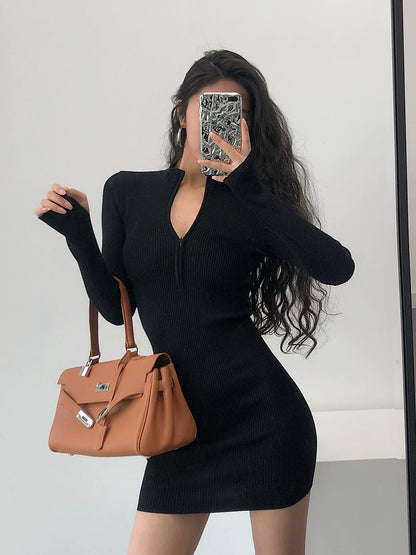 Knitted Long Sleeves Dress with Zipper Sexy Turtleneck