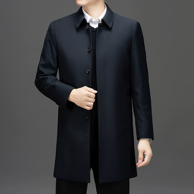 Mid Length Long Length Trench Coat Men's Winter Thickened Middle-Aged Loose Detachable down Feather Liner Dad Cadre Outwear