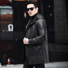 Genuine Leather Clothes Men's Hooded Mid Length Long Length Trench Coat Outwear Oil Wax First Layer Cowhide Mulberry Cotton down Jacket Large Overcoat Winter