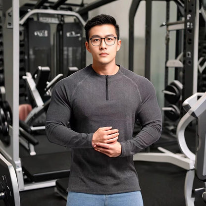 Winter American Style Workout Clothes Large round Neck Half Zipper Sports Long Sleeves T-shirt Men's Stretch Dralon Heattech Undershirt