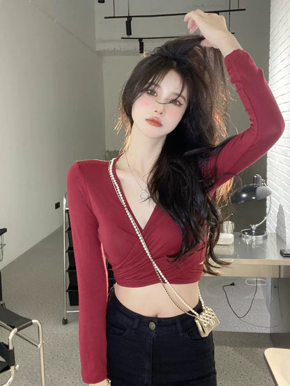 Cross V-neck Sexy Waist Trimming Slimming Lace up Bottoming Shirt