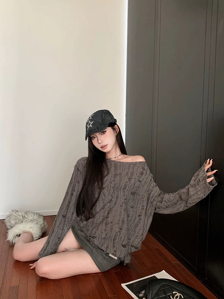 Dark Gray Drop Shoulder Loose Hole Niche Style Long Sleeves T-Shirt