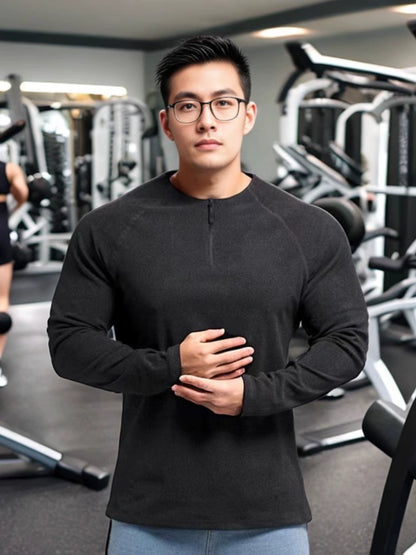 Winter American Style Workout Clothes Large round Neck Half Zipper Sports Long Sleeves T-shirt Men's Stretch Dralon Heattech Undershirt