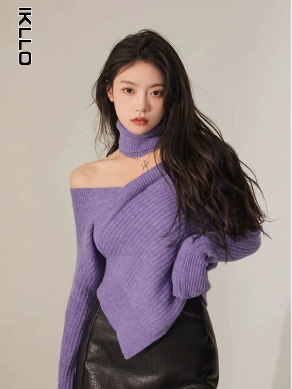 off-Shoulder Niche Style Retro Asymmetrical Purple Sweater