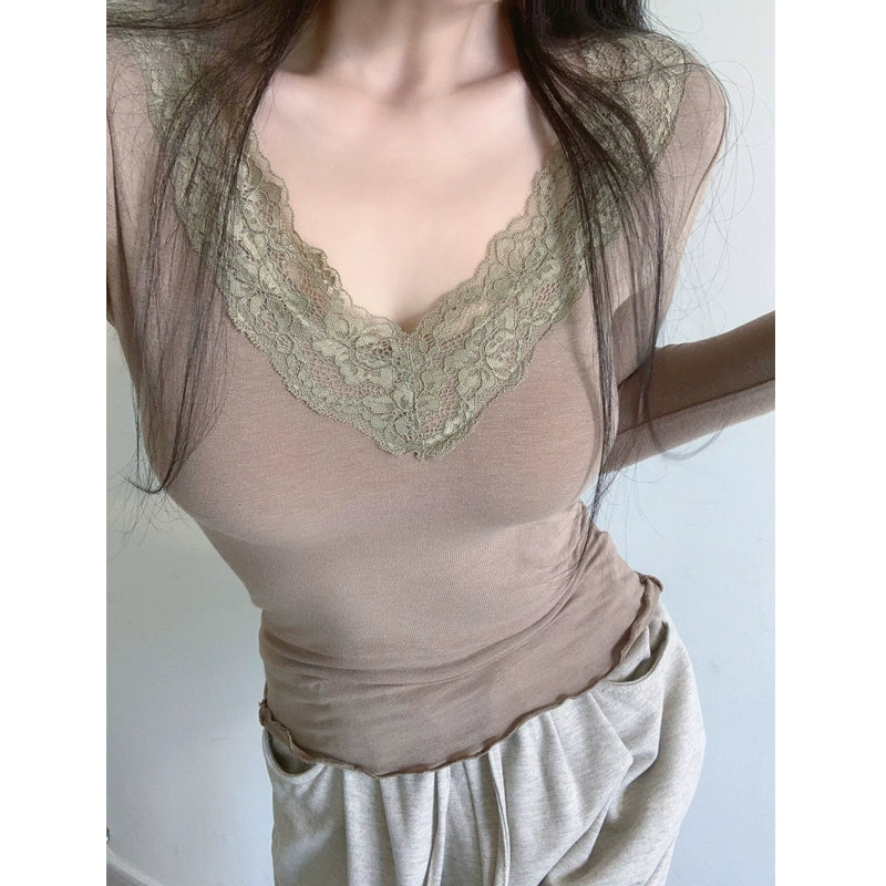 Fall and Winter Gentle Long Sleeves Stretch V Neck T-shirt Tops Lace