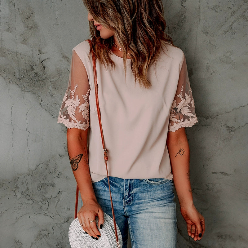 Lace Short Sleeve Tops Women Minimalist round Neck Pure Color Mesh Casual Chiffon Shirt Women