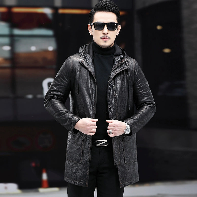 Genuine Leather Clothes Men's Hooded Mid Length Long Length Trench Coat Outwear Oil Wax First Layer Cowhide Mulberry Cotton down Jacket Large Overcoat Winter