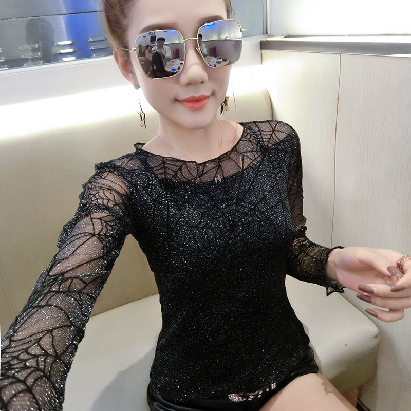 Spring and Autumn Clothing Mesh Tops Fashion Long Sleeve T-shirt