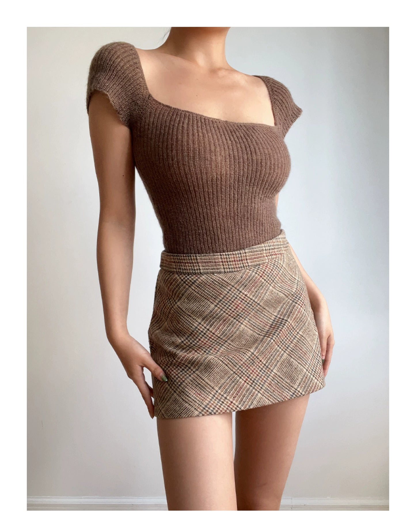 Beran Square Collar Slightly Transparent High Waist Short Sleeve Knitwear