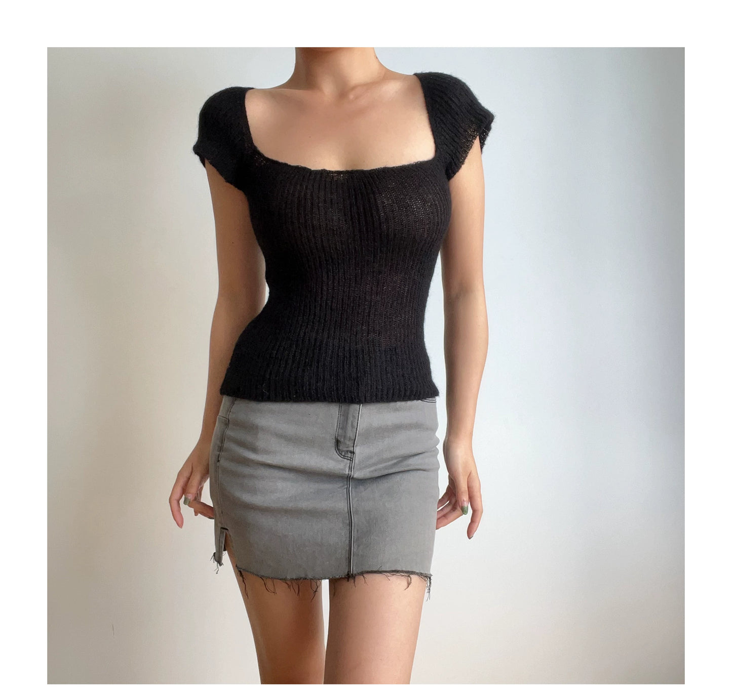 Beran Square Collar Slightly Transparent High Waist Short Sleeve Knitwear