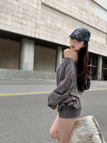 Dark Gray Drop Shoulder Loose Hole Niche Style Long Sleeves T-Shirt