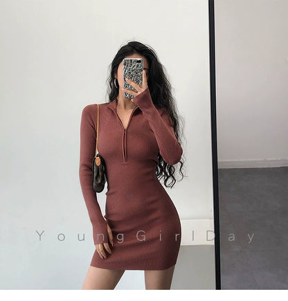 Knitted Long Sleeves Dress with Zipper Sexy Turtleneck