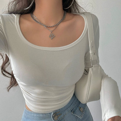 Fashion Slim Looking Pure Color U Collar Crop Top Upper Clothes Long Sleeves T-shirt