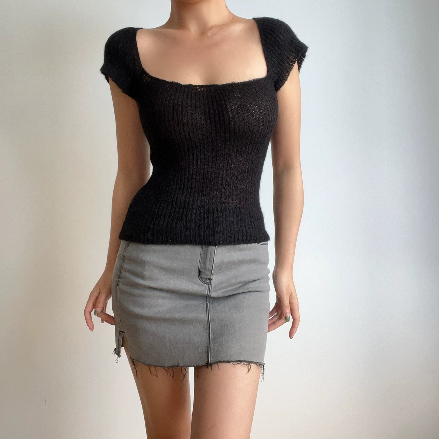 Beran Square Collar Slightly Transparent High Waist Short Sleeve Knitwear