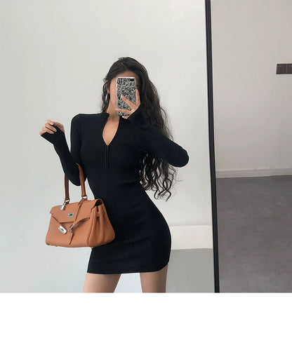 Knitted Long Sleeves Dress with Zipper Sexy Turtleneck