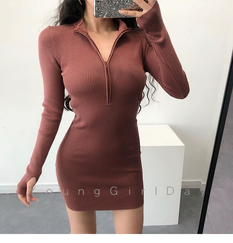 Knitted Long Sleeves Dress with Zipper Sexy Turtleneck