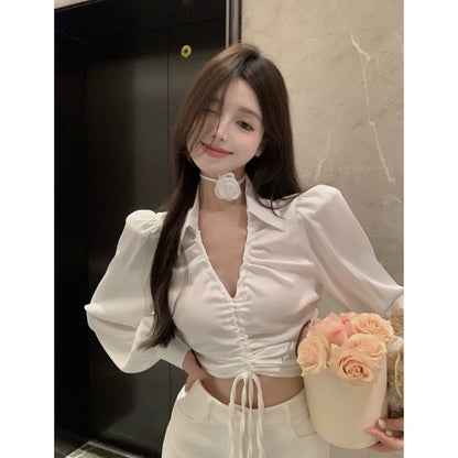 Sweet Sexy V-neck Drawstring Long Sleeves Shirt Women's Autumn New Arrival Temperament Waist-Controlled Fancy Shirt Chic Tops Trendy