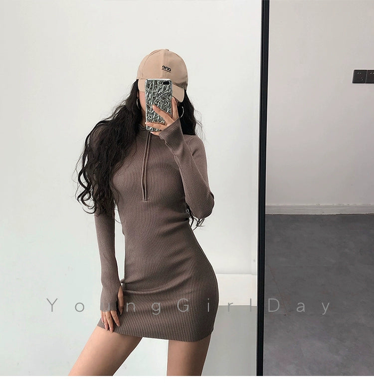 Knitted Long Sleeves Dress with Zipper Sexy Turtleneck