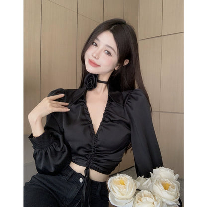 Sweet Sexy V-neck Drawstring Long Sleeves Shirt Women's Autumn New Arrival Temperament Waist-Controlled Fancy Shirt Chic Tops Trendy