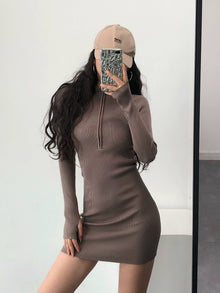 Knitted Long Sleeves Dress with Zipper Sexy Turtleneck