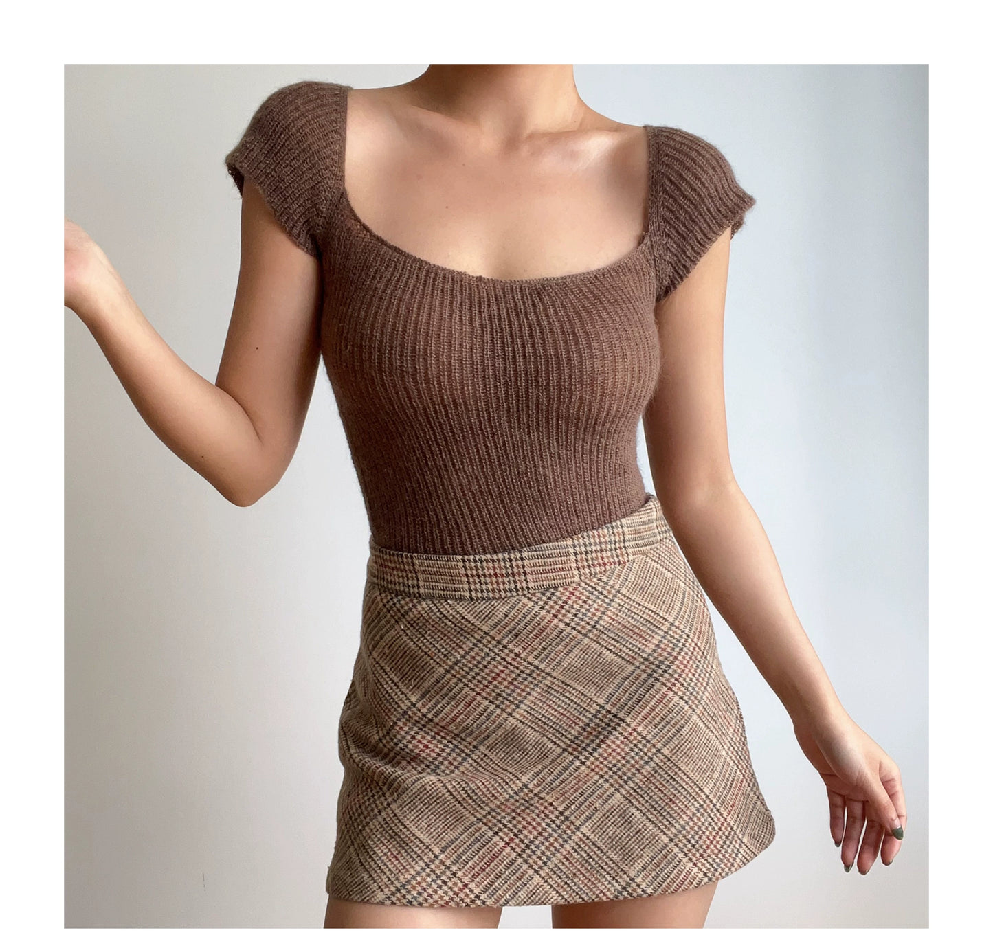 Beran Square Collar Slightly Transparent High Waist Short Sleeve Knitwear