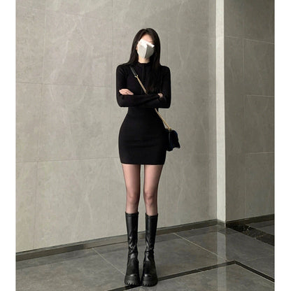 Black Long Sleeves Early Spring Slim-Fit Hip-Wrapped Short Dress