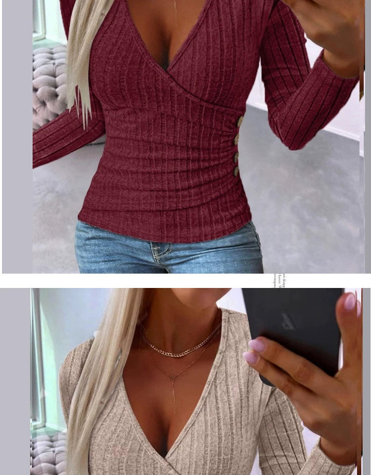 Fashion Fall and Winter Women's Clothing Deep V Sexy Silm Slimming Stripes Button Ruched Sunken Stripe Long Sleeves T-shirt Knitting Bottoming Shirt