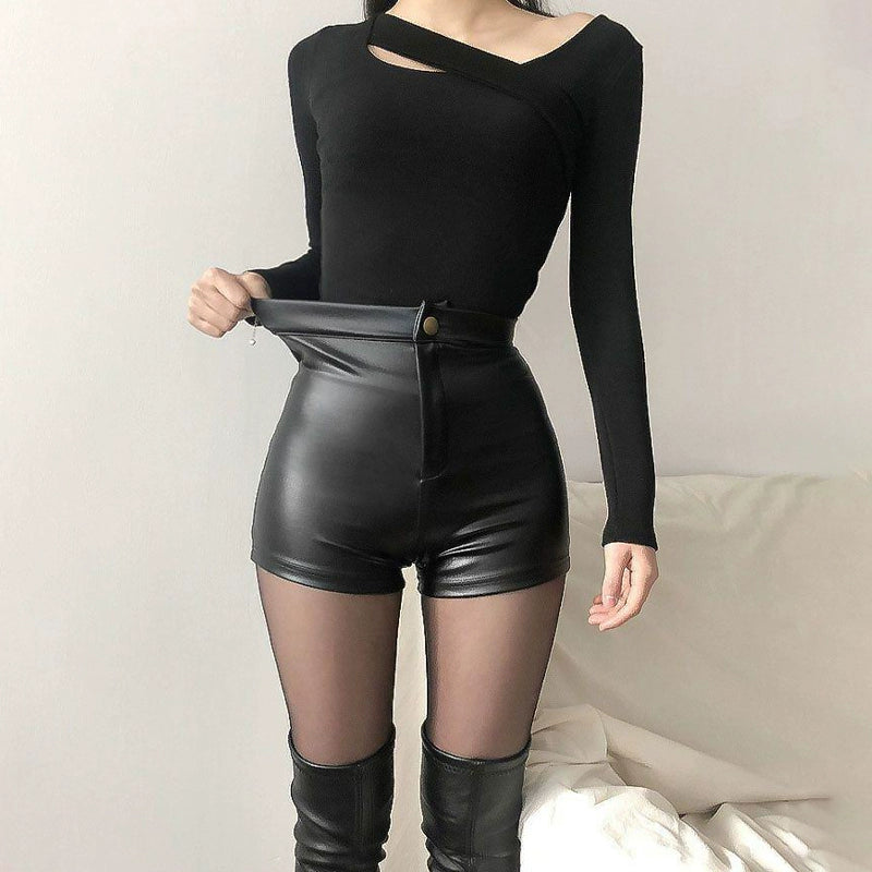 High Waisted Tight Buttocks Leather Pants High Waist Skinny Sheath Leather Shorts