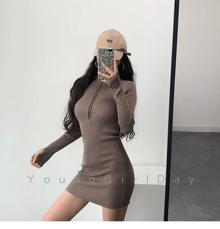 Knitted Long Sleeves Dress with Zipper Sexy Turtleneck